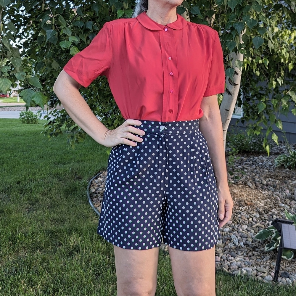 1950's RED BLOUSE 50's Peter Pan collar M L